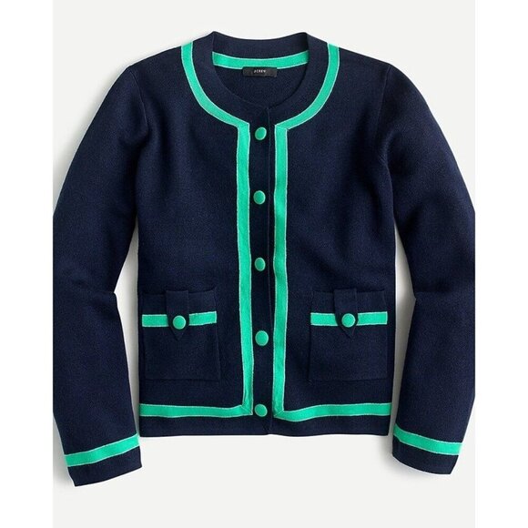 J.Crew Tipped Merino Wool Sweater-jacket Preppy Old Money Blue Green Size XSmall - Picture 1 of 9